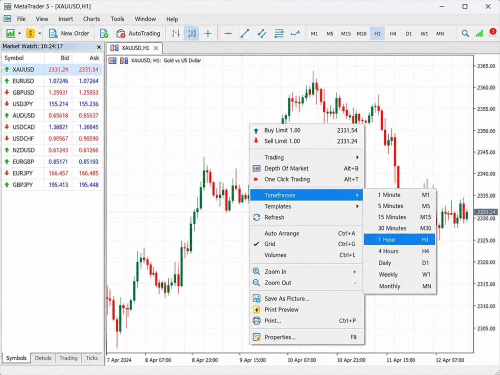 XAU/USD chart open in MT5 with the timeframe menu visible
