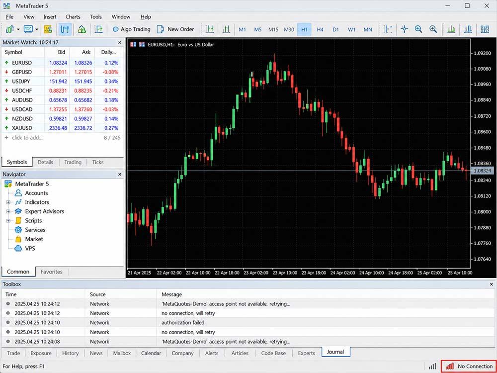 MetaTrader 5 connection and journal screen