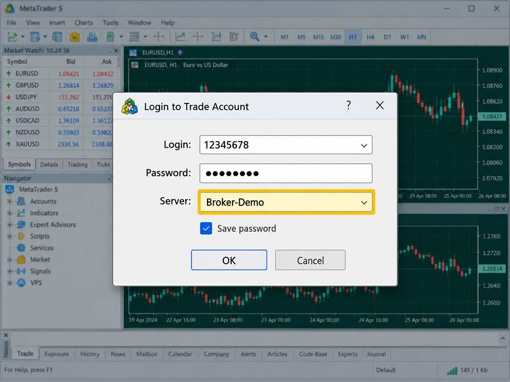 MT5 Login to Trade Account window with the server field highlighted