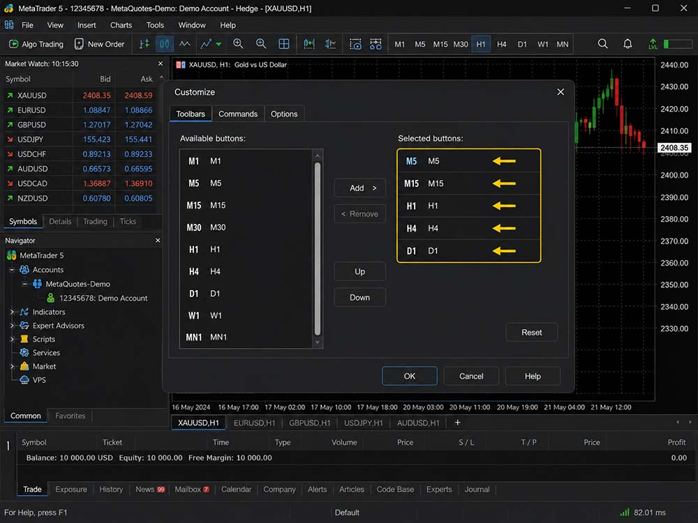 How to Customize the MT5 Timeframe Toolbar